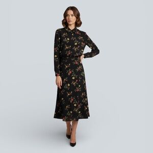 Jones New York Black Floral Silk Blouse and Midi Skirt 16W